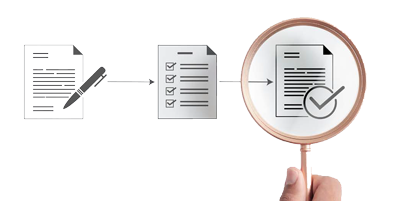 Magnifying glass showing analysis of documents
